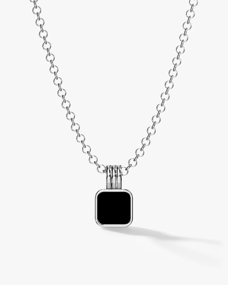 Black Enamel Square Pendant Necklace - Gold Vermeil