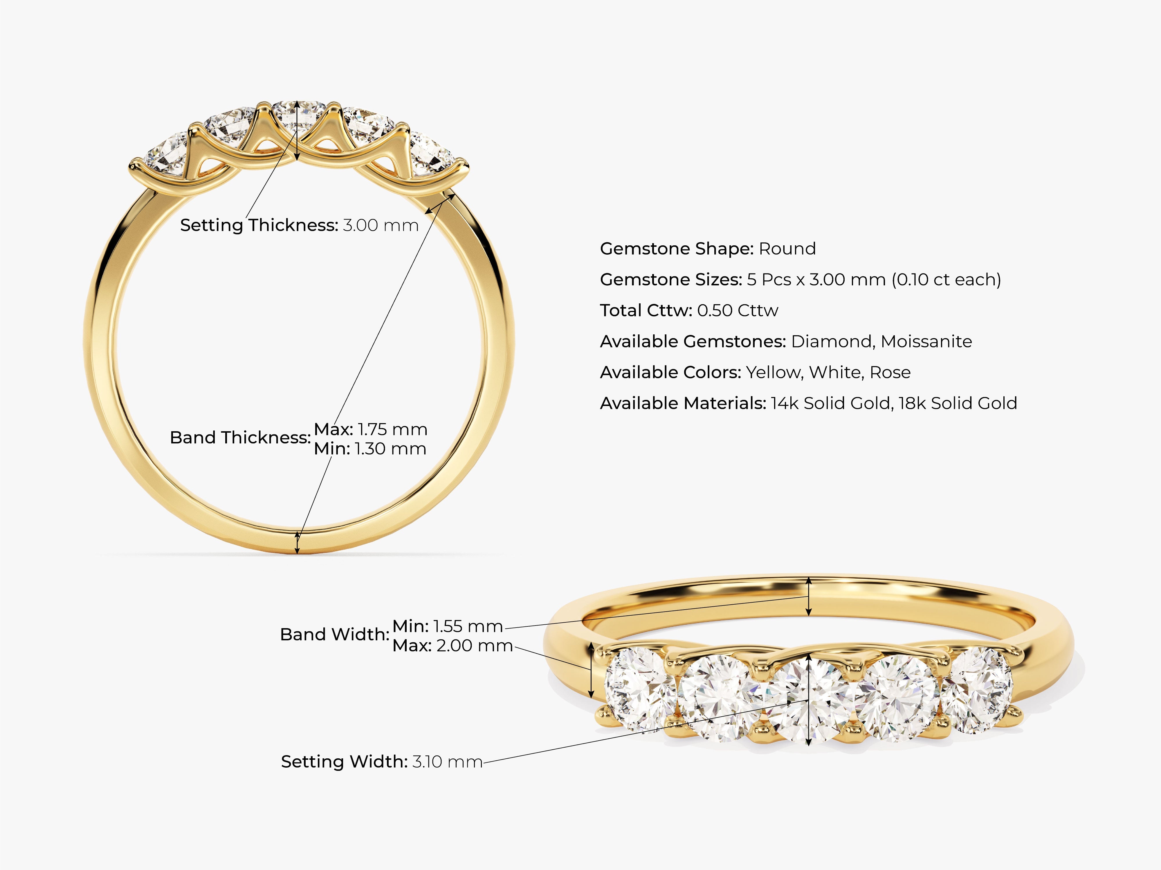 Gold diamond band ring with detailed measurements