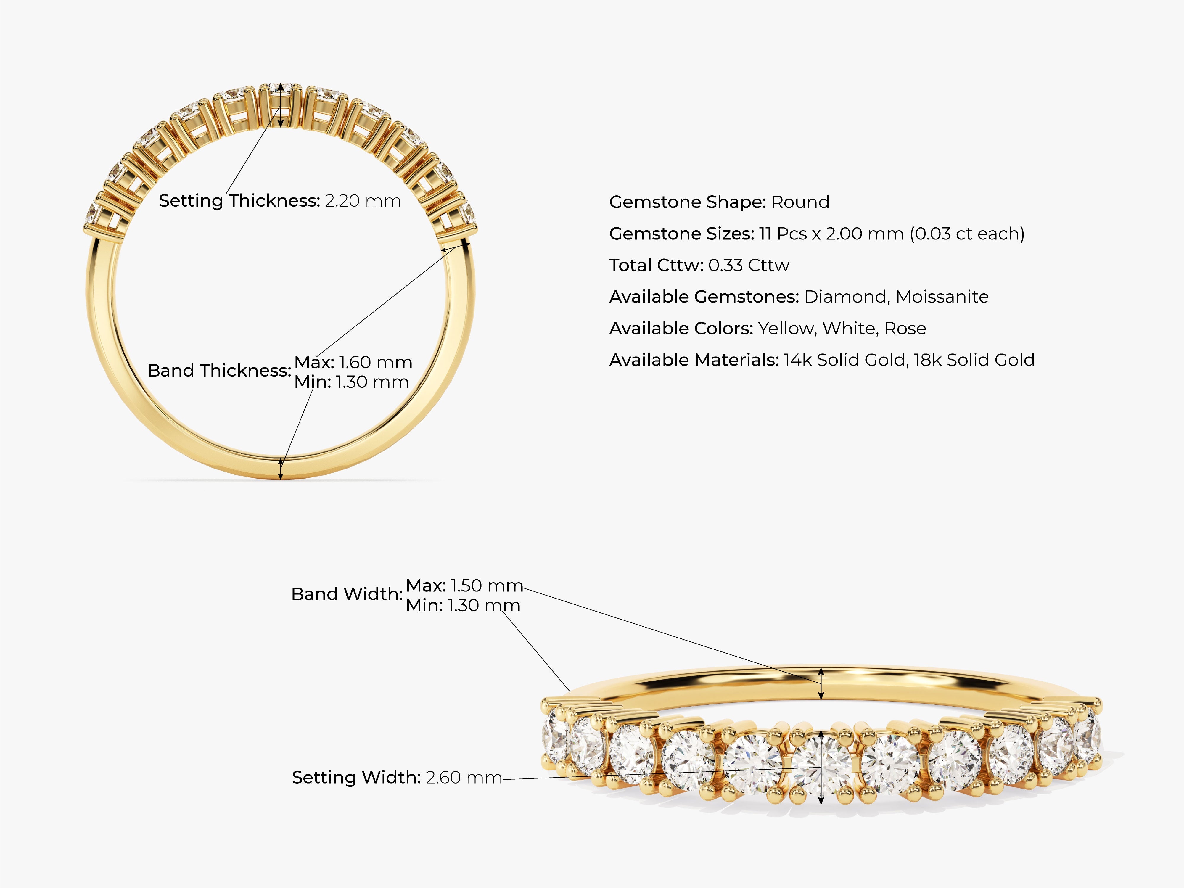 Diamond eternity band ring with detailed measurements