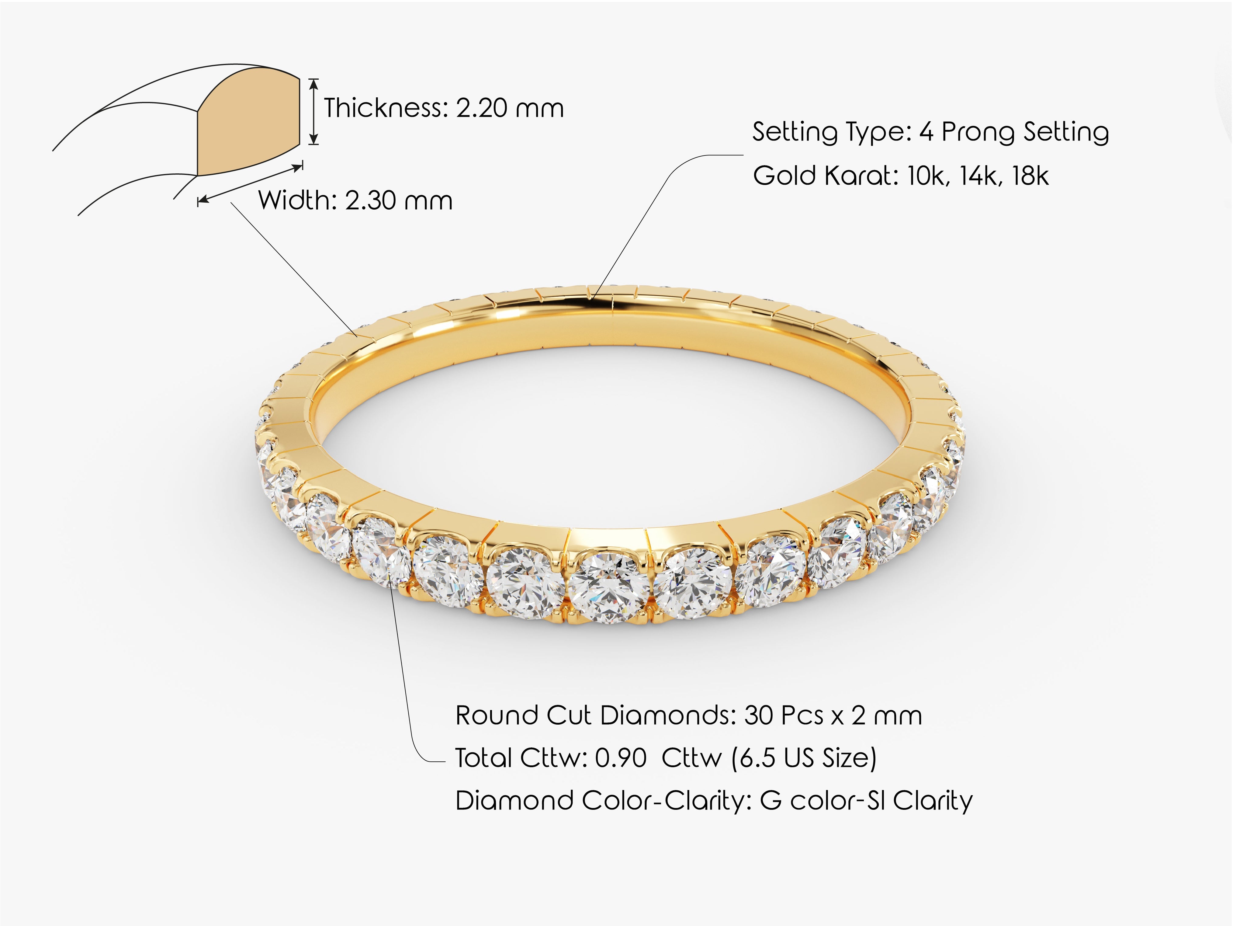 Diamond eternity ring, 4 prong setting, 10k-18k gold