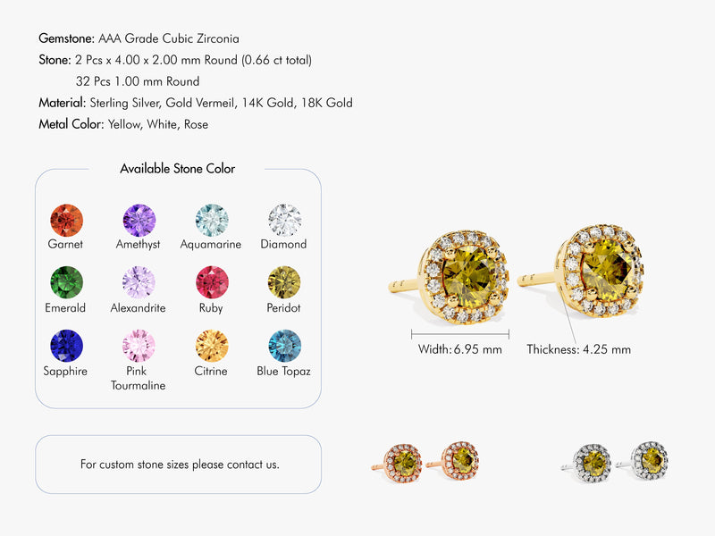 Round Halo Birthstone Stud Earrings