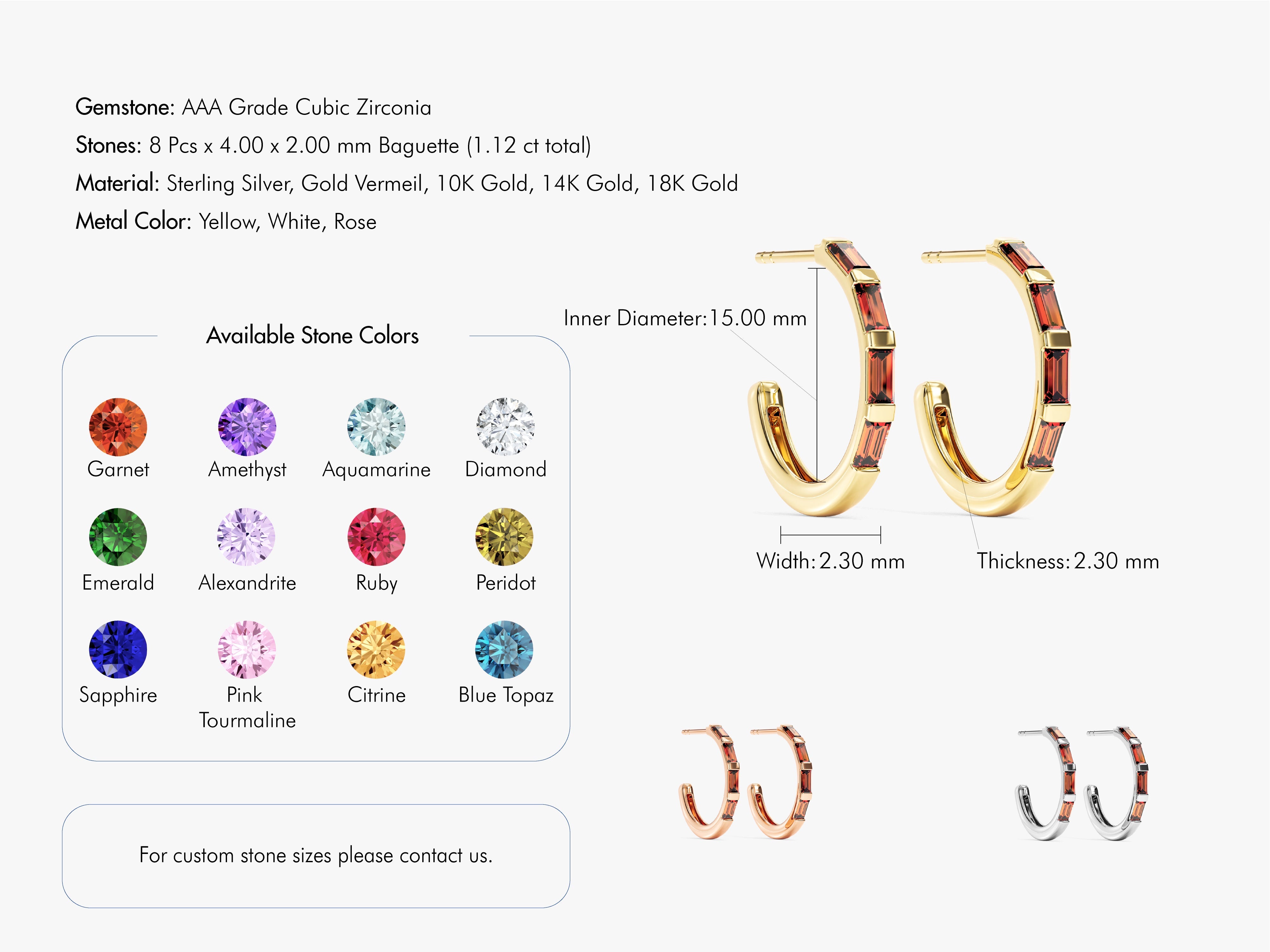 Baguette Birthstone Hoop Earrings