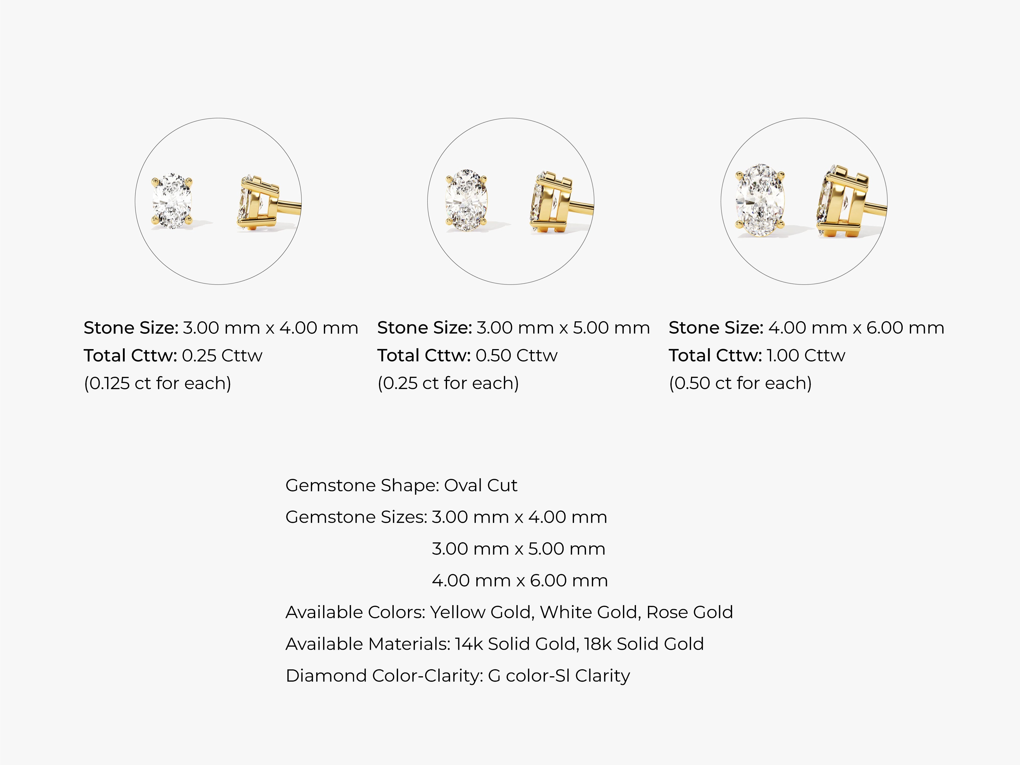 Oval cut diamond stud earrings in yellow, white, and rose gold