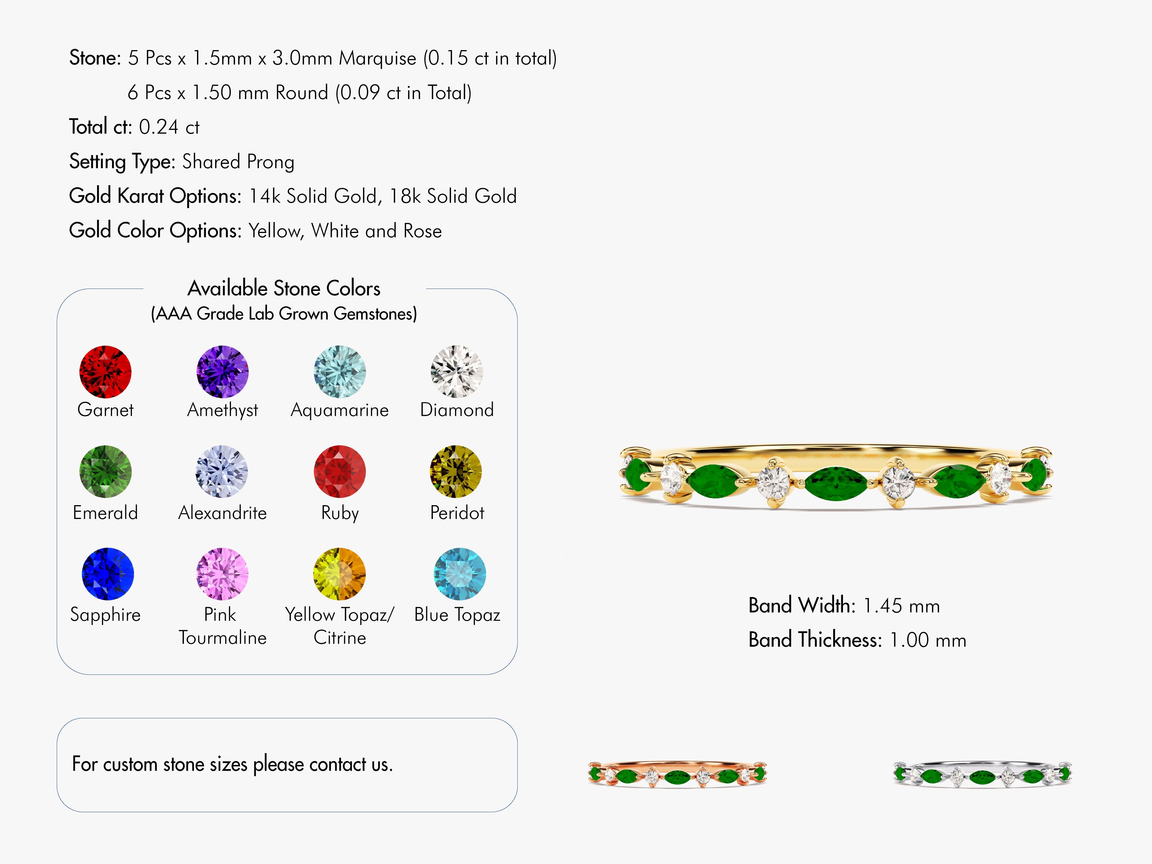 Emerald and diamond stacking ring, 14k gold, shared prong setting