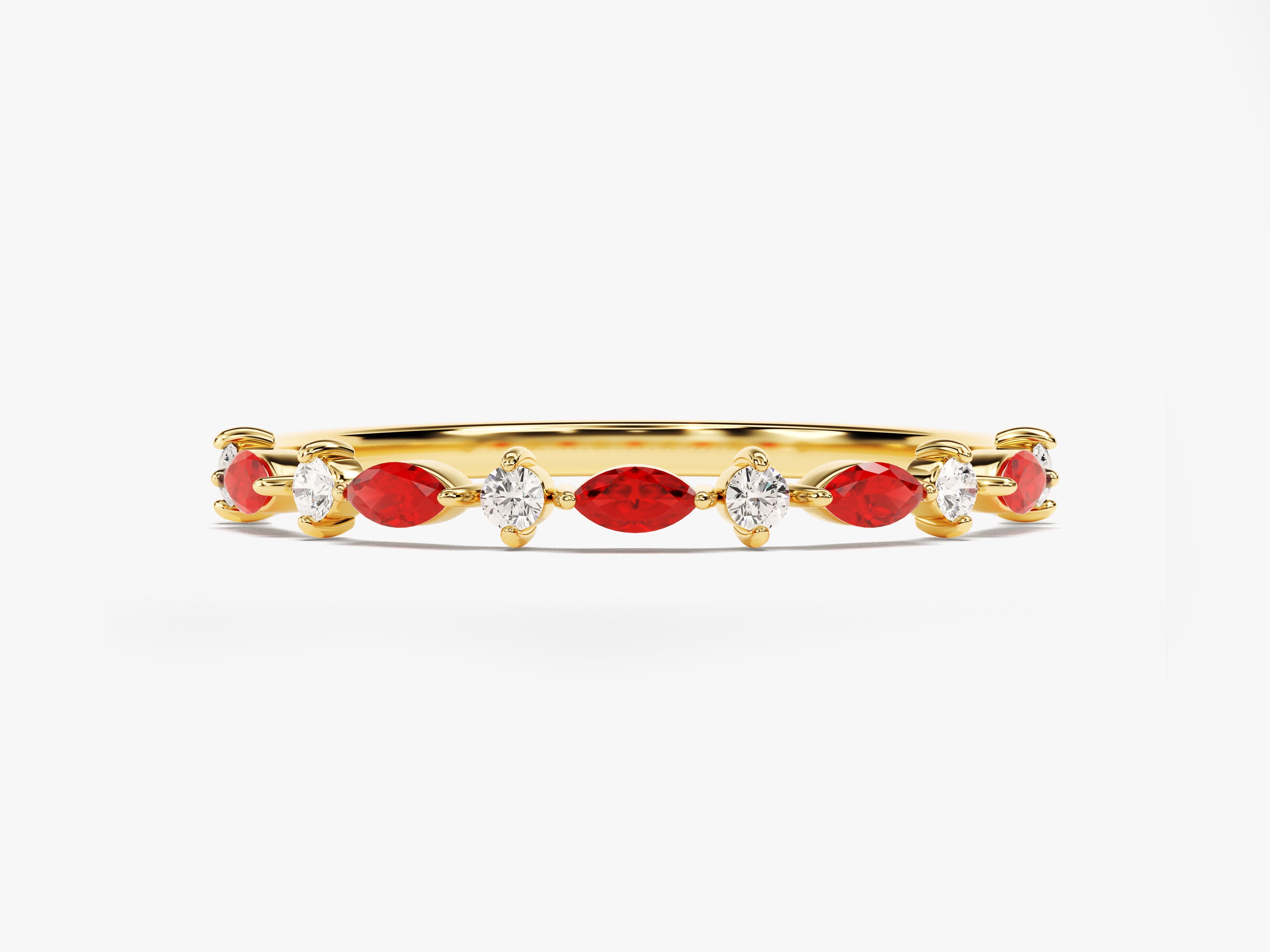 Gold ring with alternating marquise rubies and round diamonds
