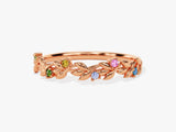 Rose gold leaf ring with colorful gemstones, fine jewelry