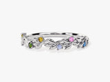 Silver ring with leaf design and colorful gemstones jewelry
