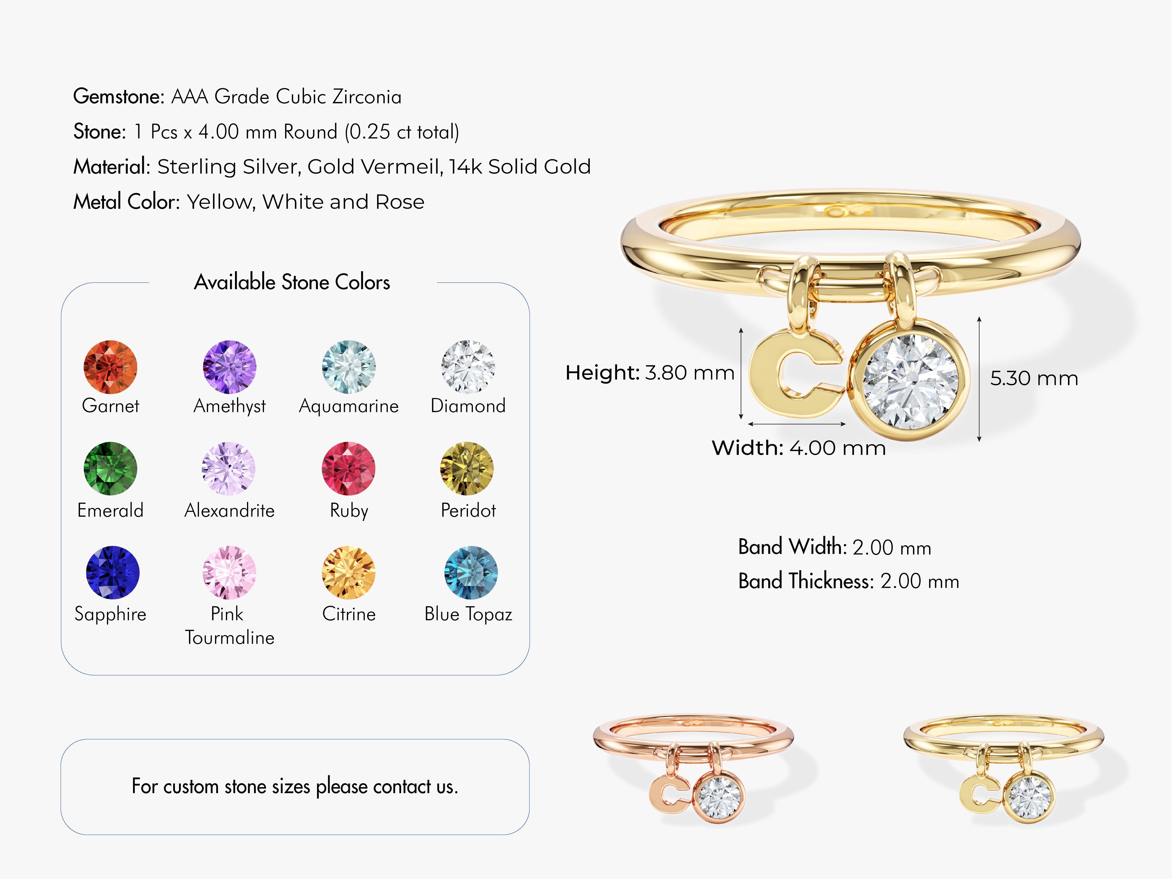 Initial Letter Charm Birthstone Ring