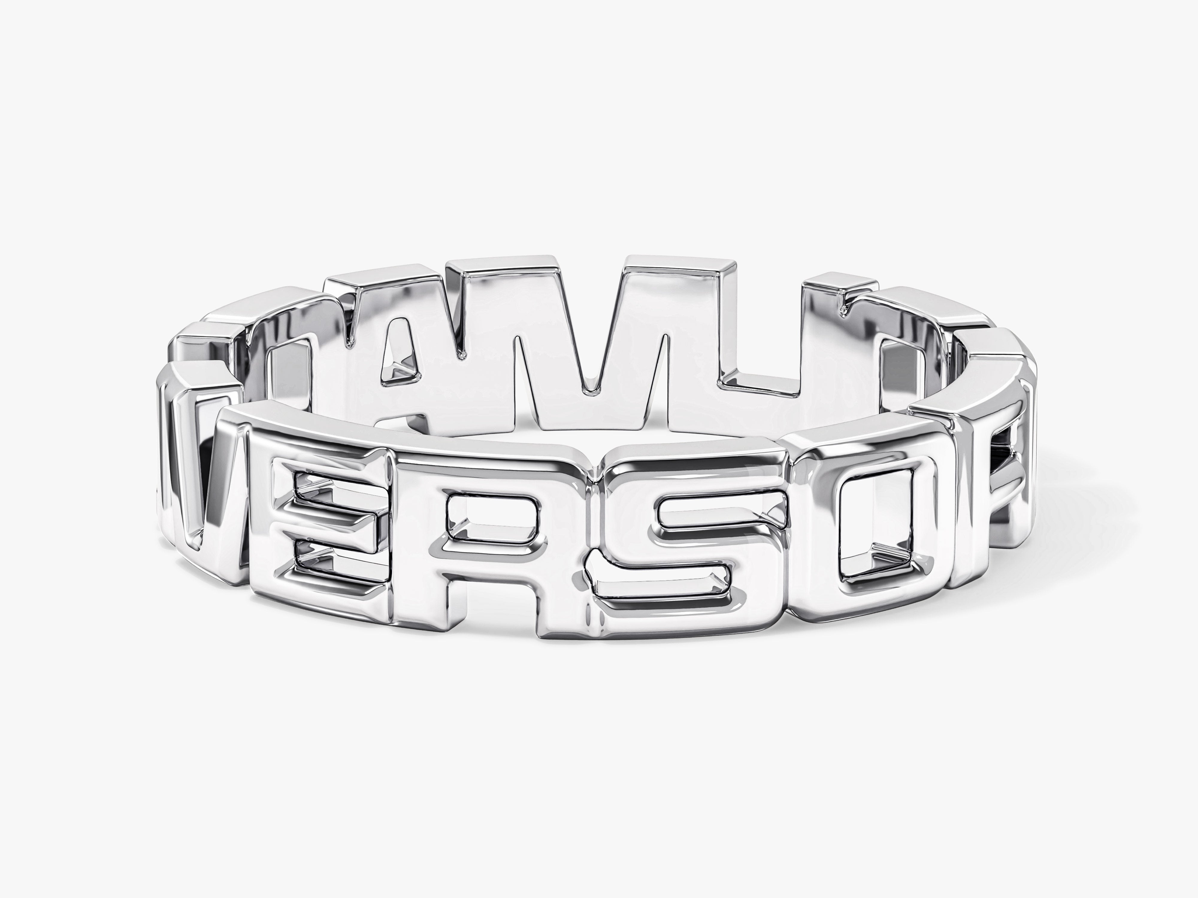 Silver ring with embossed "VERSO" text, jewelry design