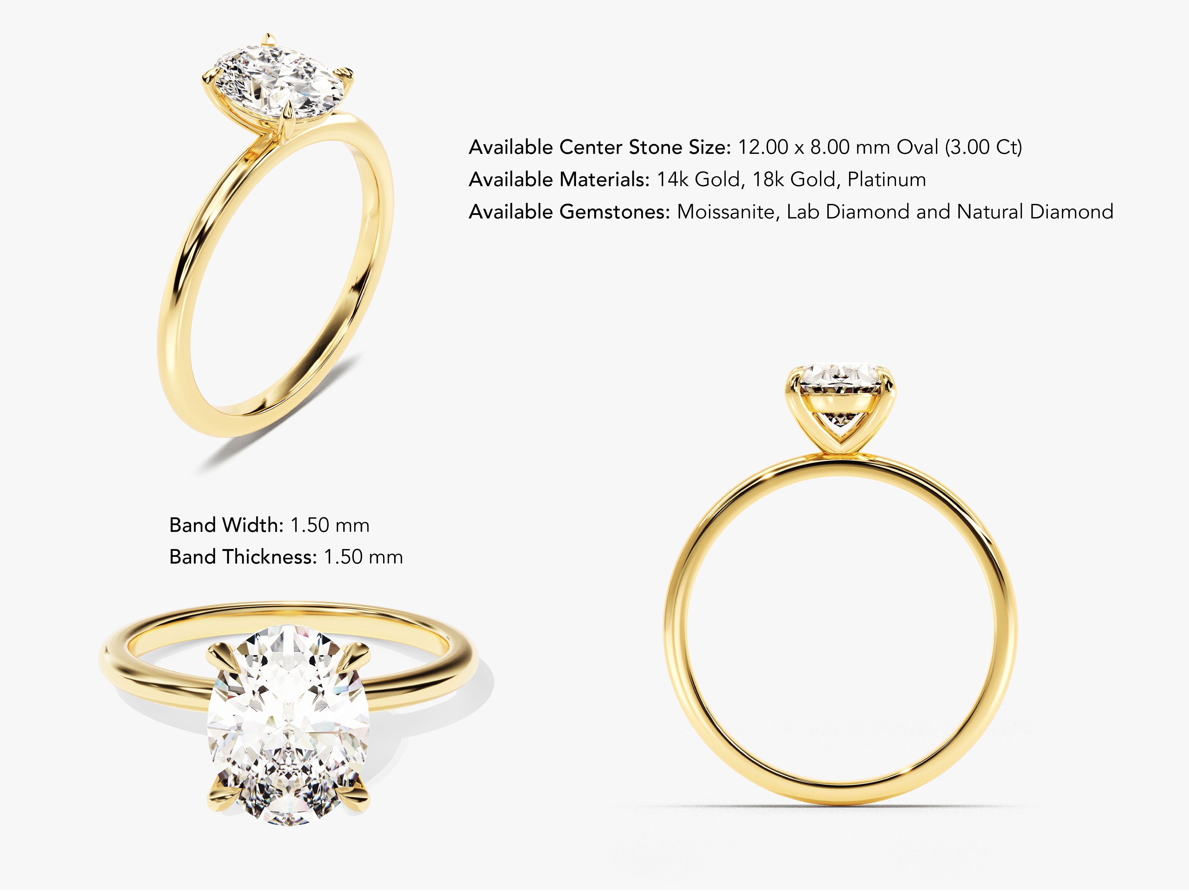 4-Prong Solitaire Oval Cut Moissanite Engagement Ring (3.00 CT)