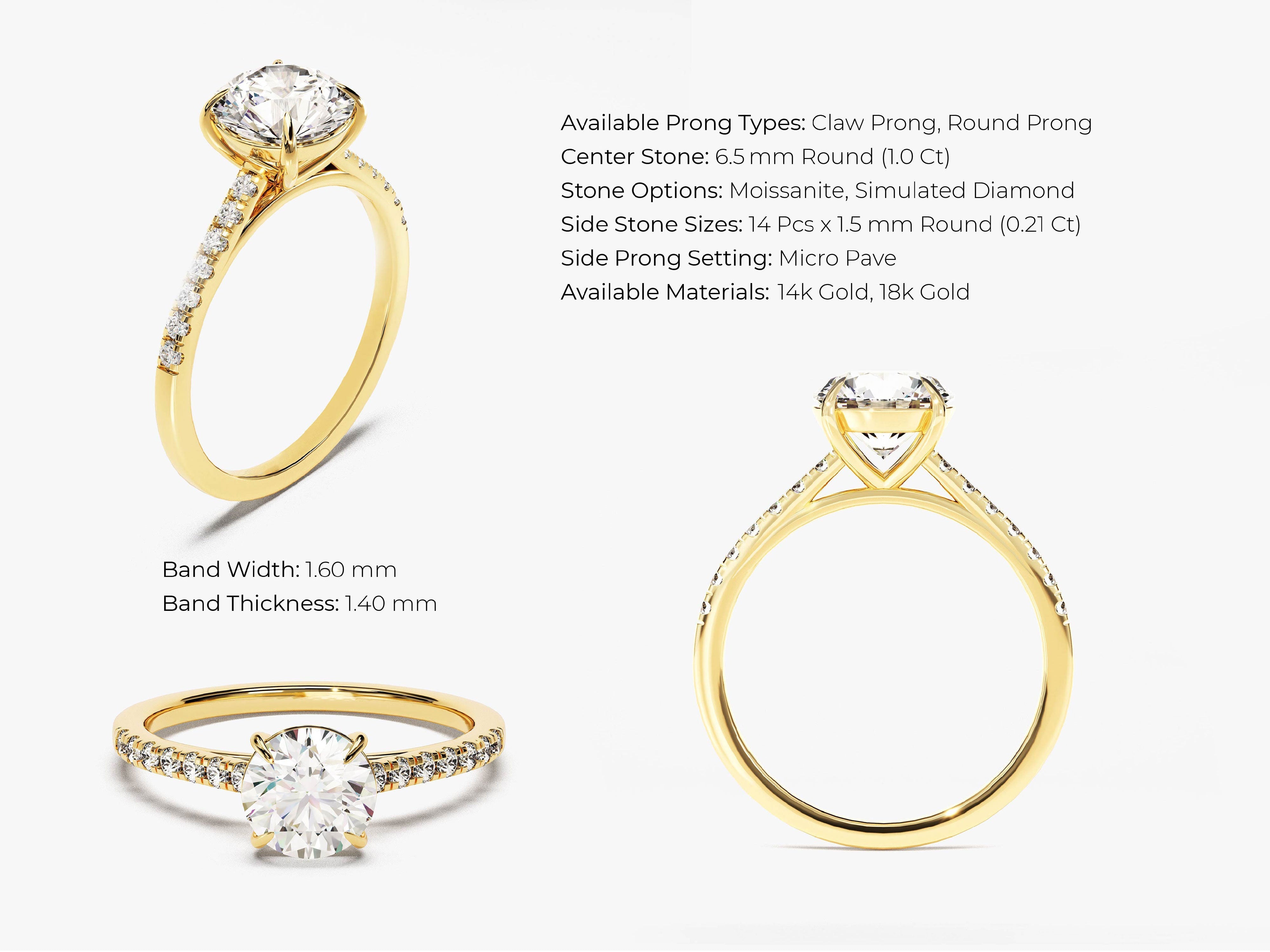 Cathedral Round Cut Lab Grown Diamond Engagement Ring with Pave Set Sidestones (1.00 CT)