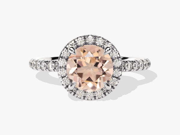 Round Cut Peach Morganite Halo Engagement Ring with Sidestones