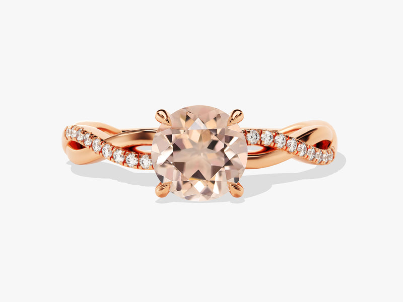 Twisted Round Cut Peach Morganite Engagement Ring with Sidestones