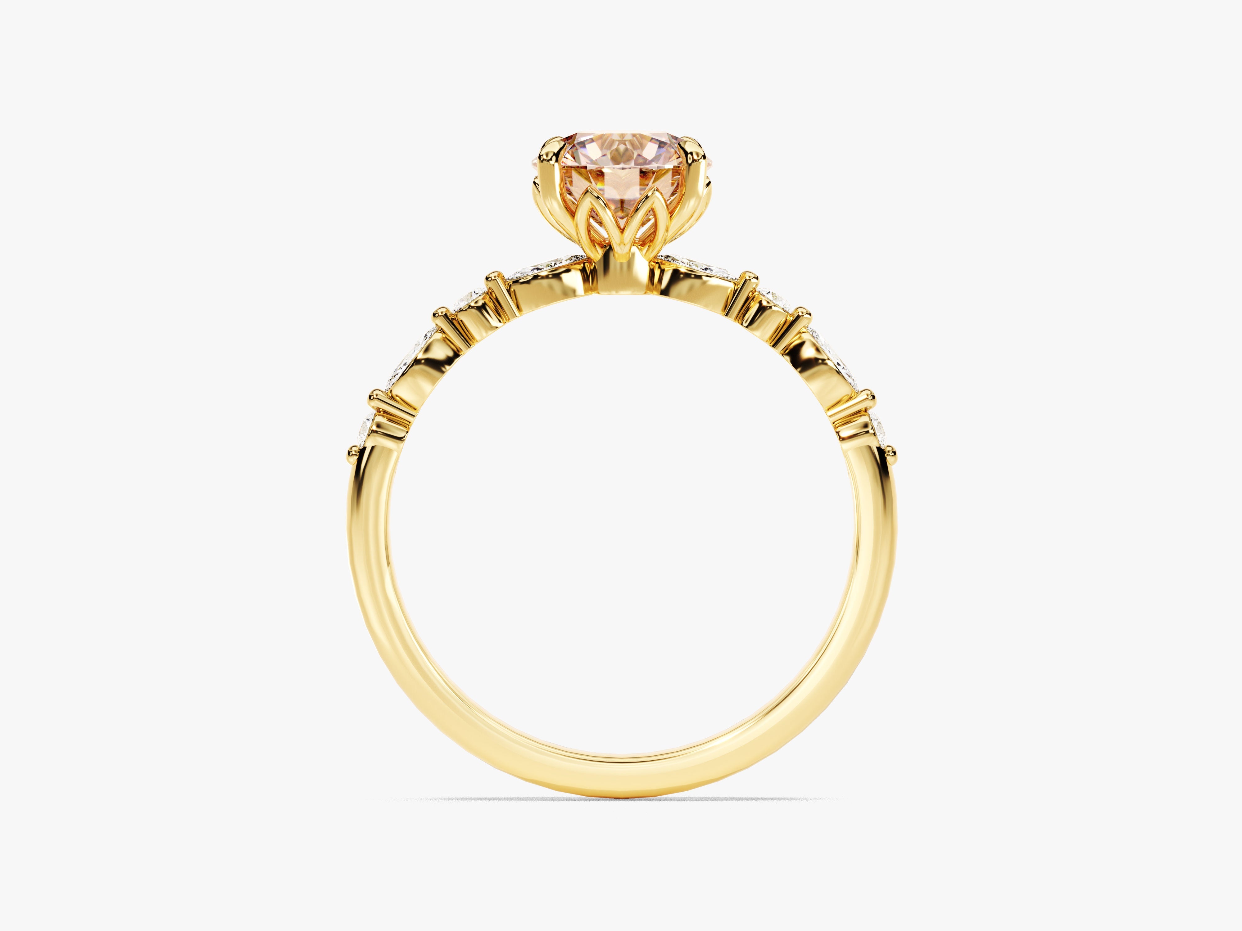 Round Cut Peach Morganite Engagement Ring with Round and Marquise Sidestones