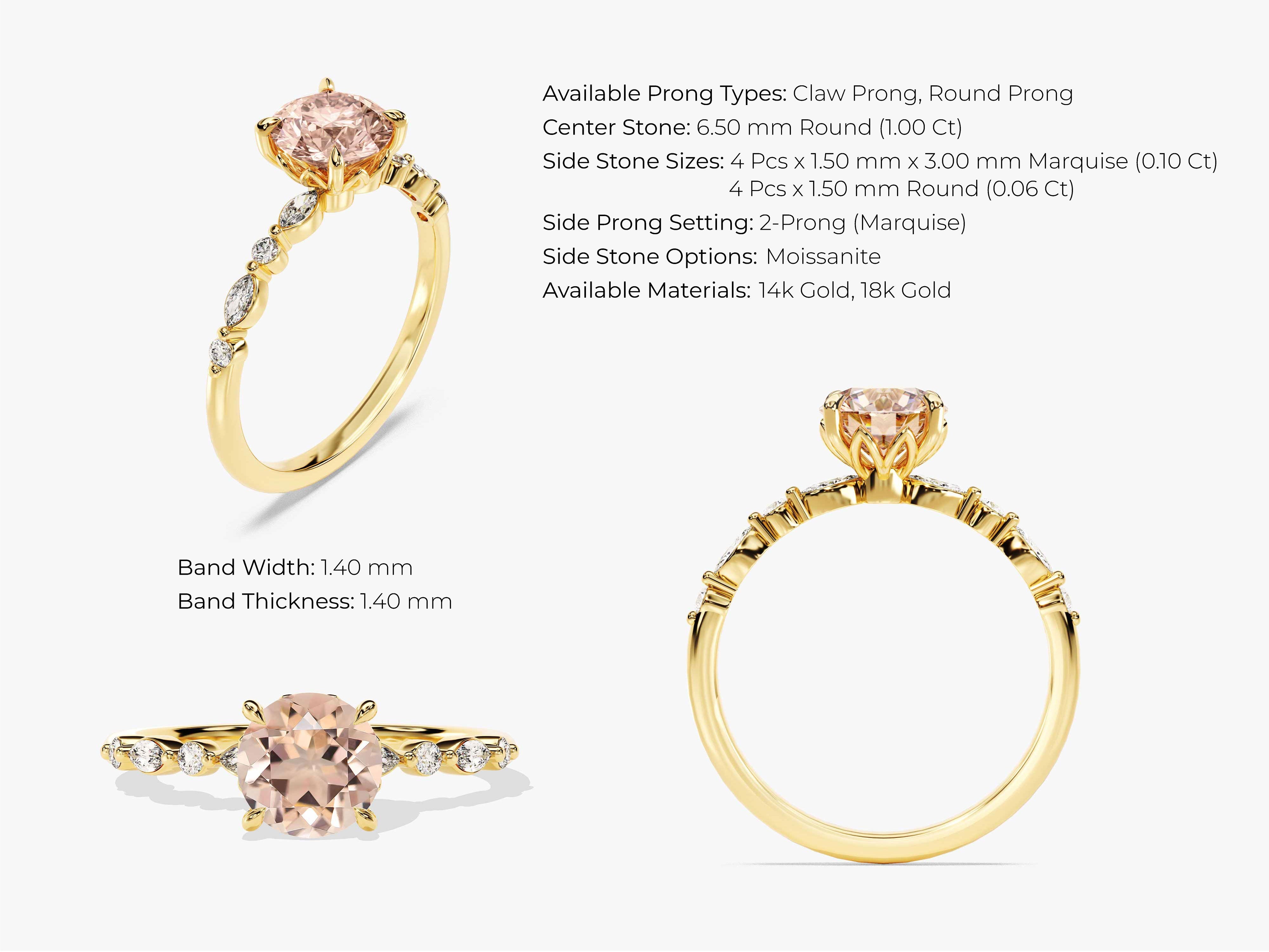 Round Cut Peach Morganite Engagement Ring with Round and Marquise Sidestones