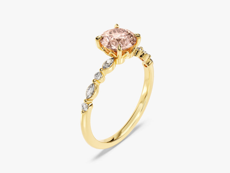 Round Cut Peach Morganite Engagement Ring with Round and Marquise Sidestones