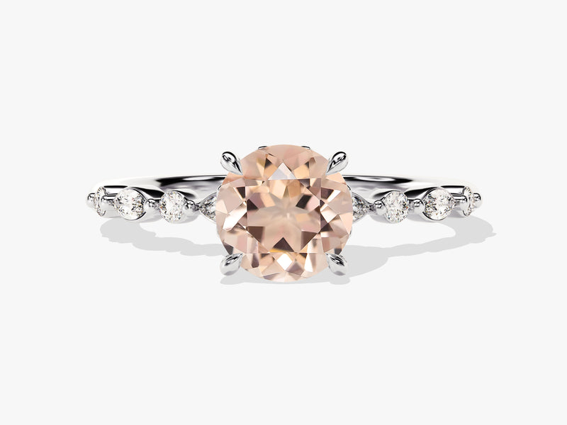 Round Cut Peach Morganite Engagement Ring with Round and Marquise Sidestones