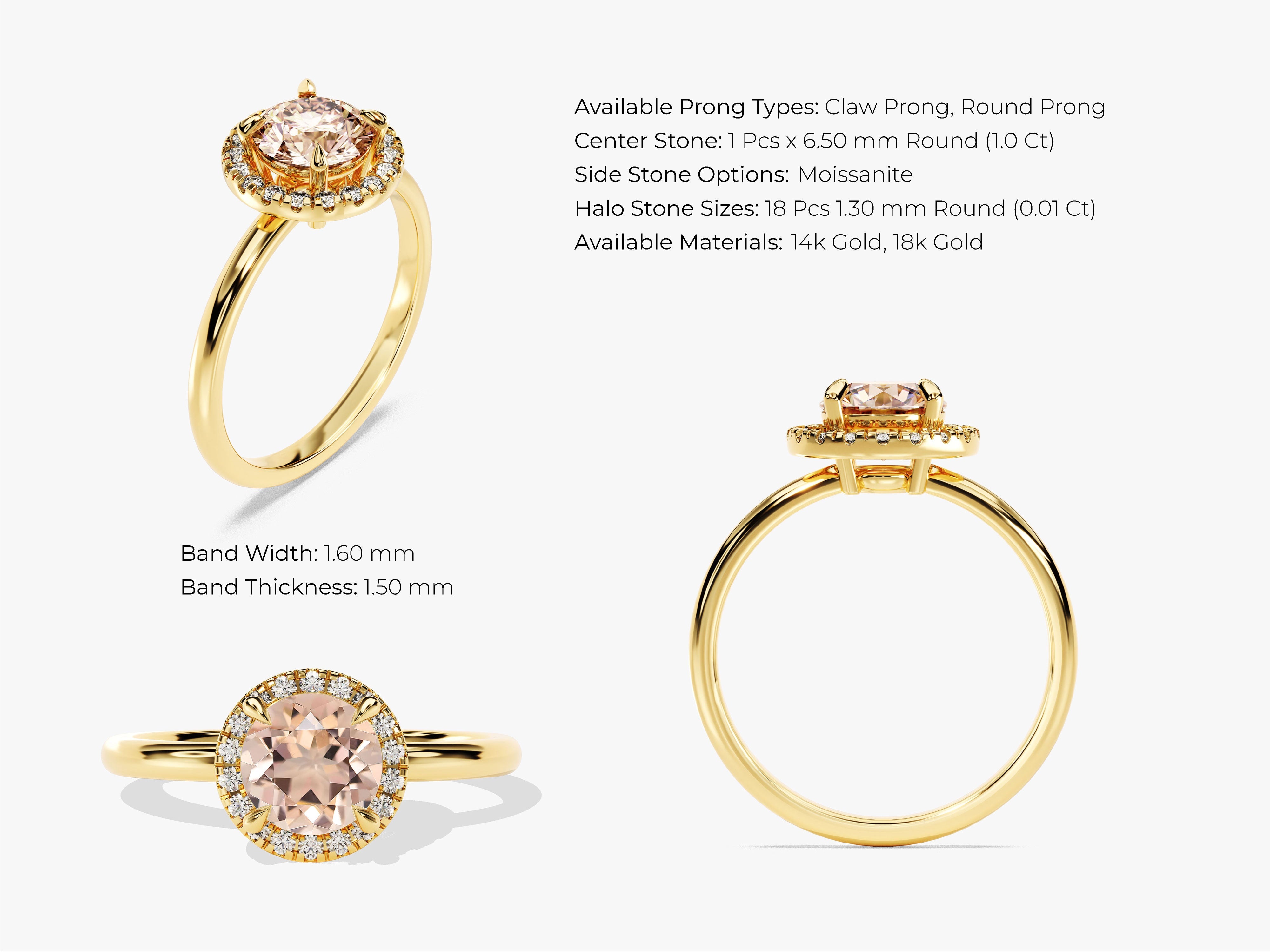 Round Cut Peach Morganite Halo Engagement Ring