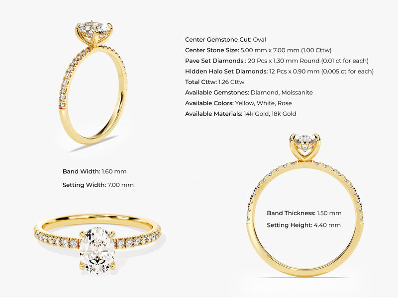 Hidden Halo Oval Diamond Engagement Ring with Sidestones (1.00 CT)