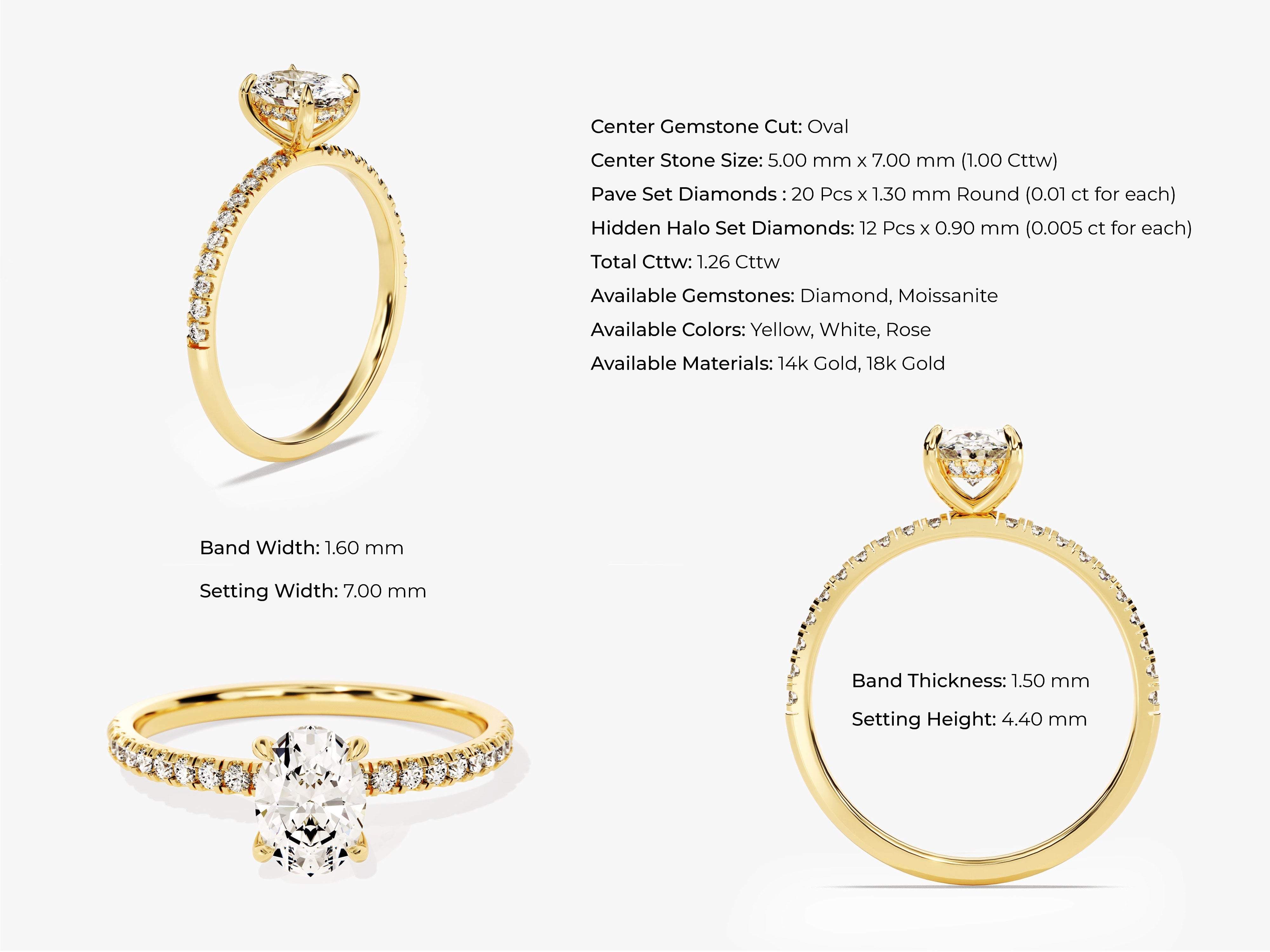 Hidden Halo Oval Lab Grown Diamond Engagement Ring with Sidestones (1.00 CT)