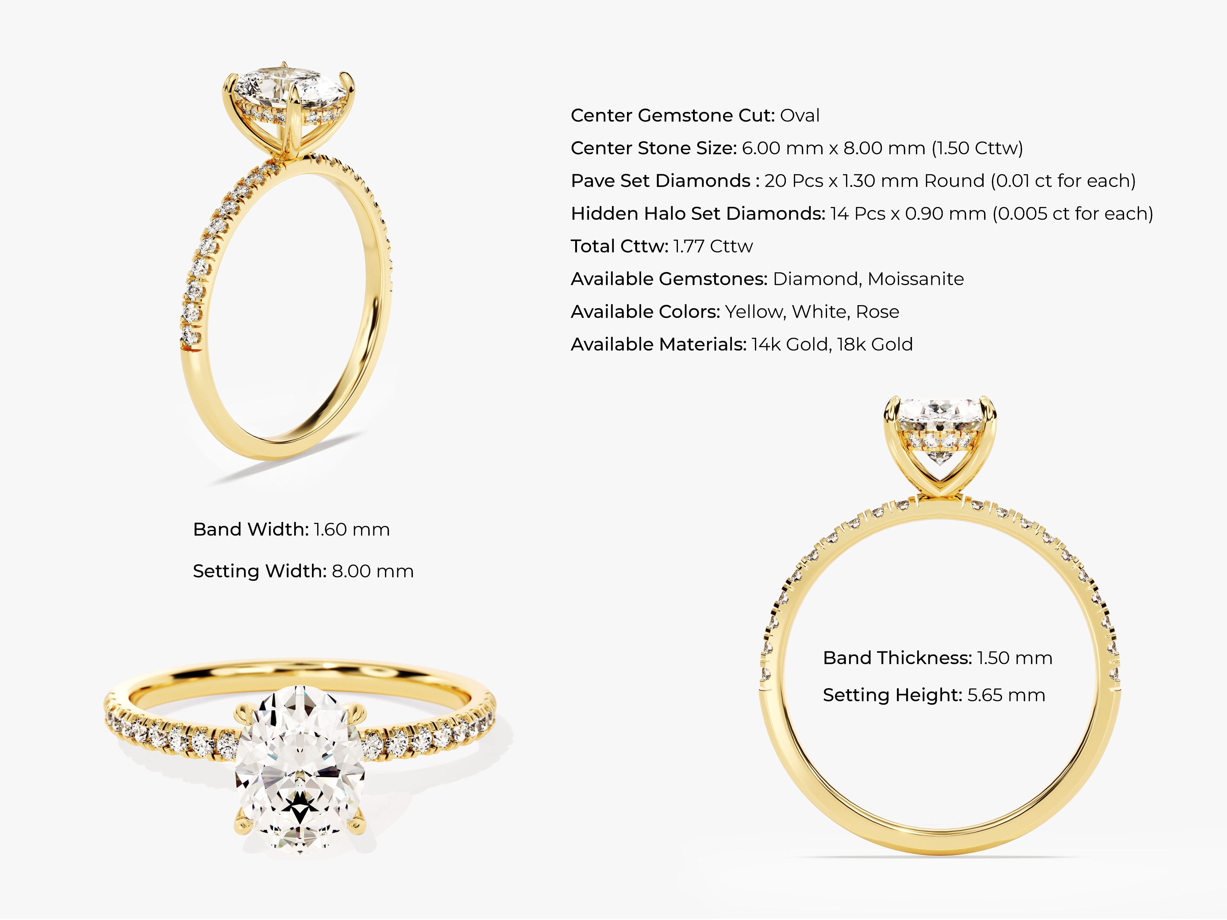 Hidden Halo Oval Diamond Engagement Ring with Sidestones (1.50 CT)