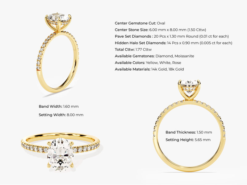 Hidden Halo Oval Diamond Engagement Ring with Sidestones (1.50 CT)