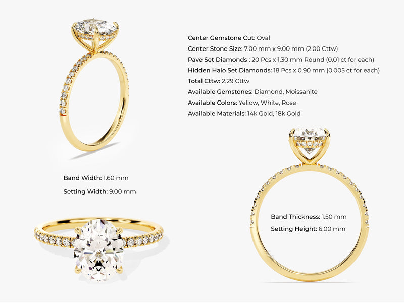 Hidden Halo Oval Moissanite Engagement Ring with Sidestones (2.00 CT)