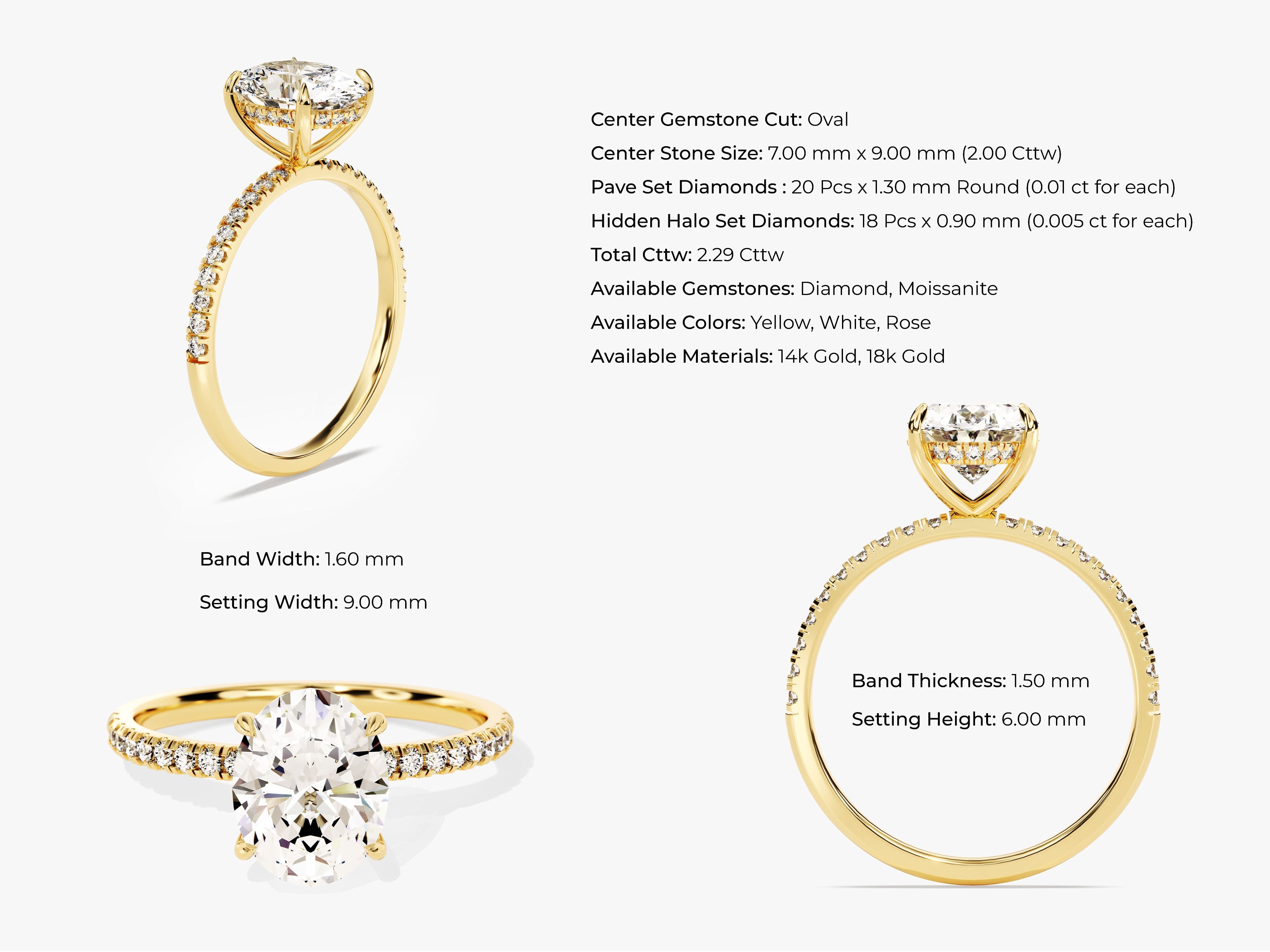 Hidden Halo Oval Diamond Engagement Ring with Sidestones (2.00 CT)