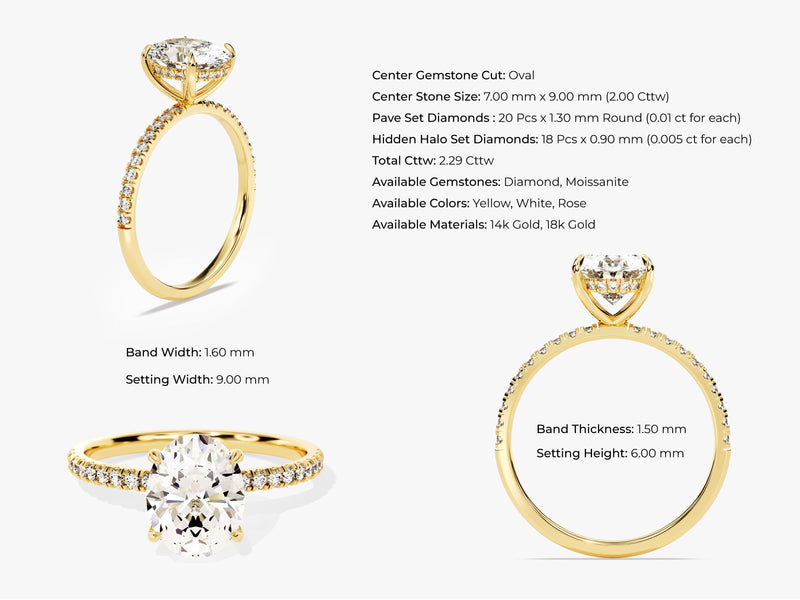 Hidden Halo Oval Diamond Engagement Ring with Sidestones (2.00 CT)