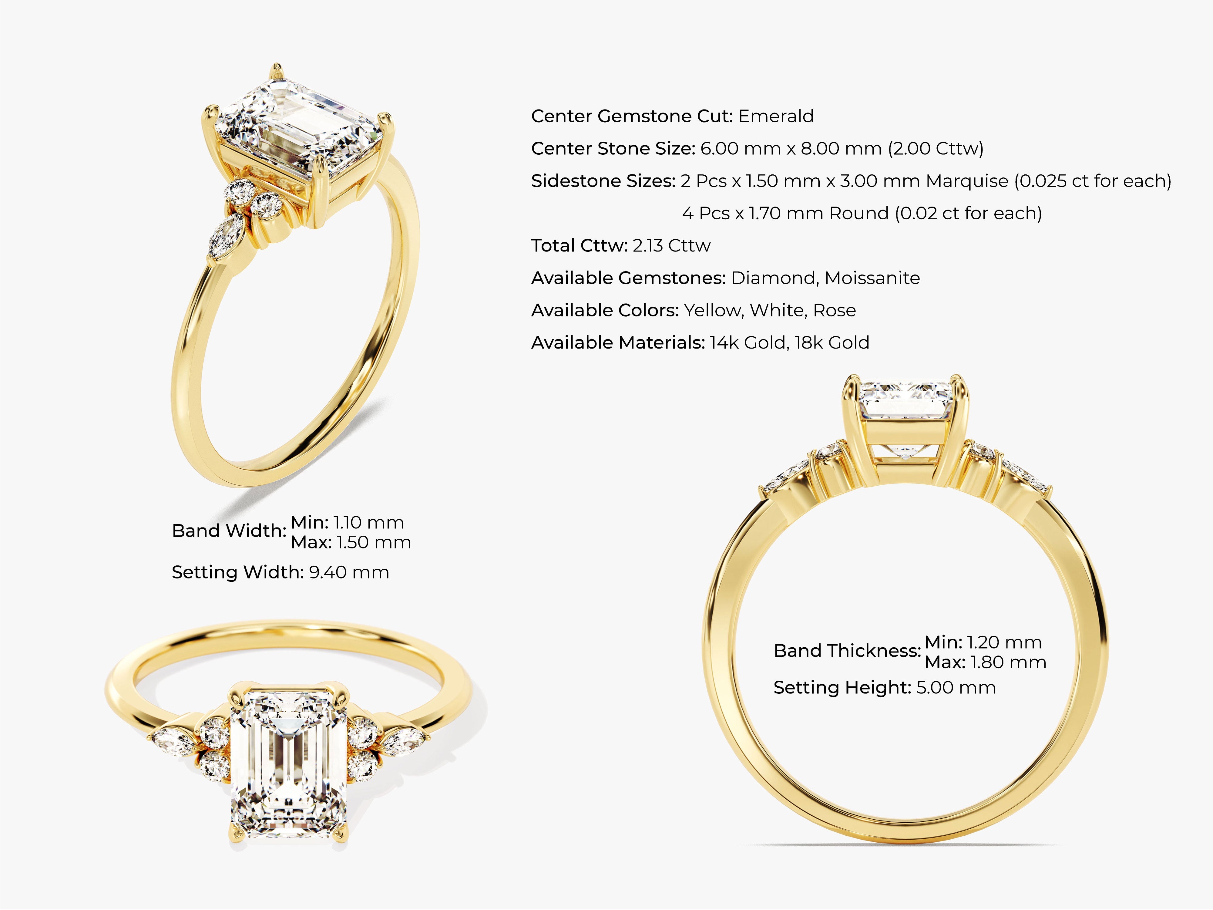 Round and Marquise Cluster Emerald Moissanite Engagement Ring (2.00 CT)