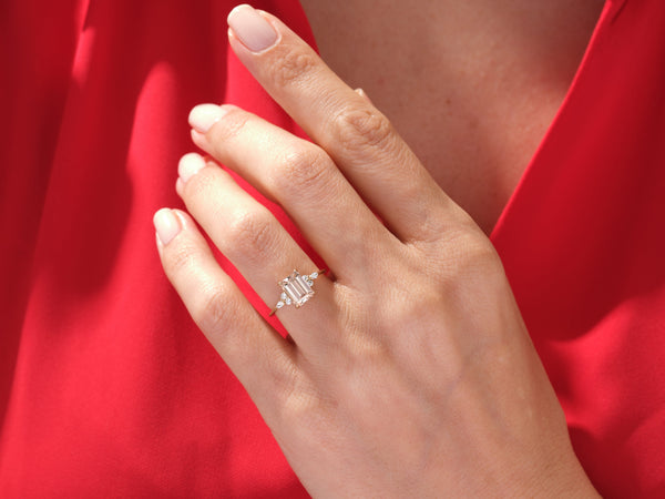 Emerald Cut Peach Morganite Engagement Ring with Round and Marquise Sidestones