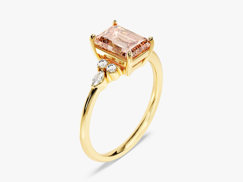 Emerald Cut Peach Morganite Engagement Ring with Round and Marquise Sidestones