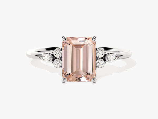 Emerald Cut Peach Morganite Engagement Ring with Round and Marquise Sidestones