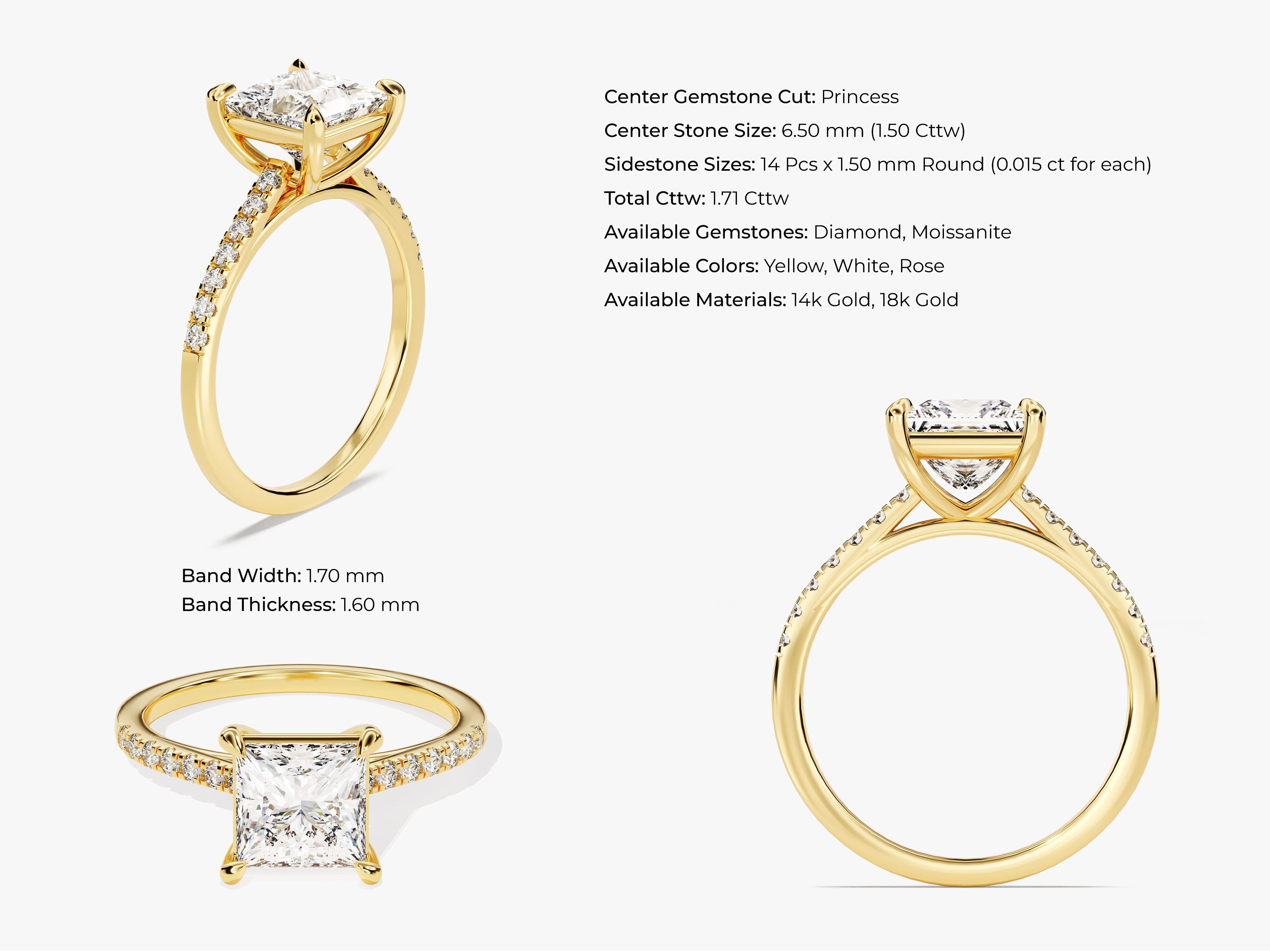 Princess Cut Diamond Engagement Ring with Pave Set Side Stones (1.50 CT)