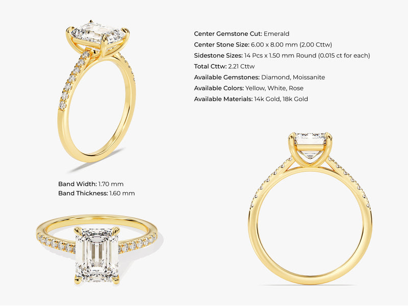 Emerald Cut Moissanite Engagement Ring with Pave Set Side Stones (2.00 CT)