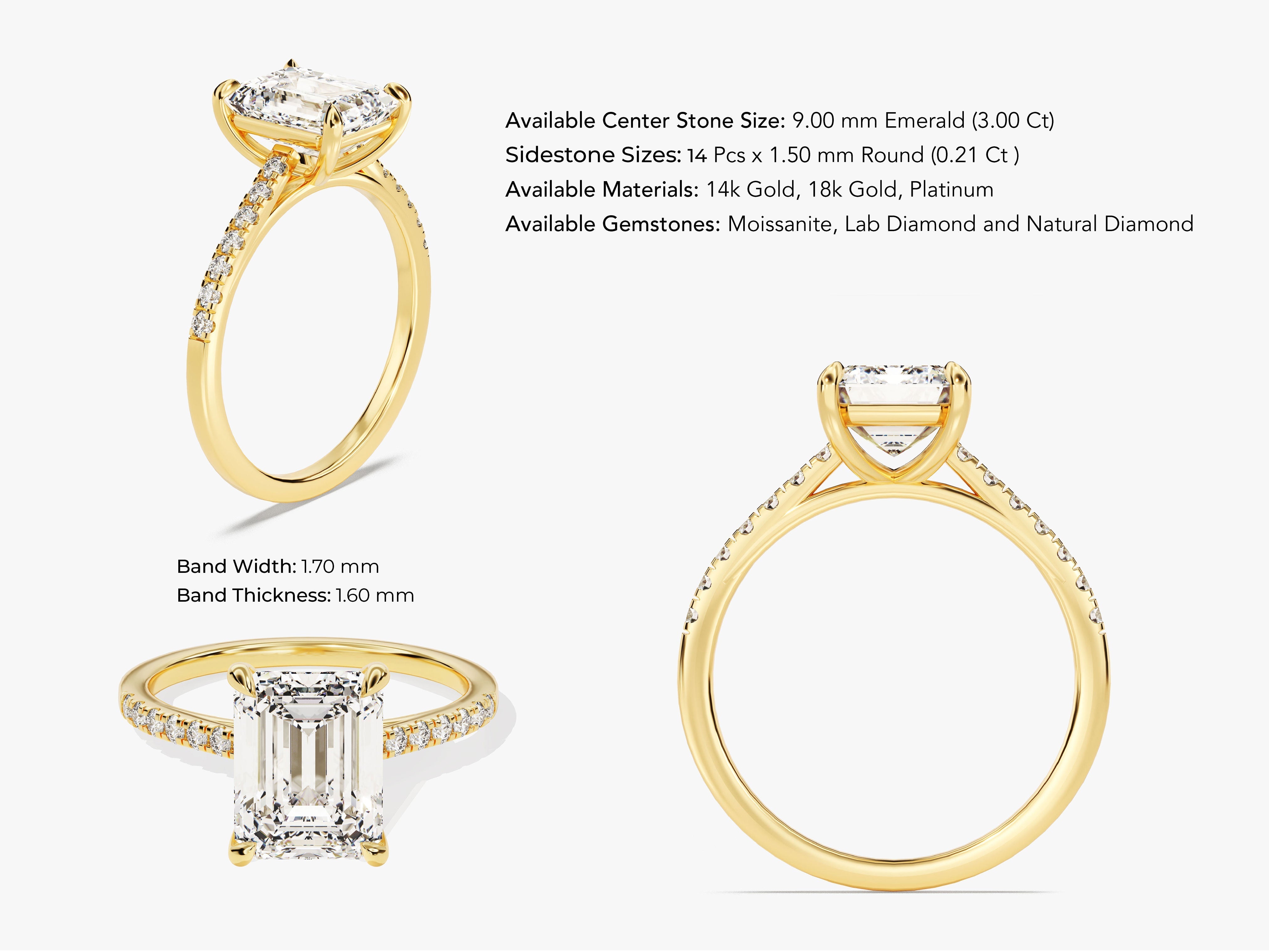 Emerald Cut Lab Grown Diamond Engagement Ring with Pave Set Side Stones (3.00 CT)