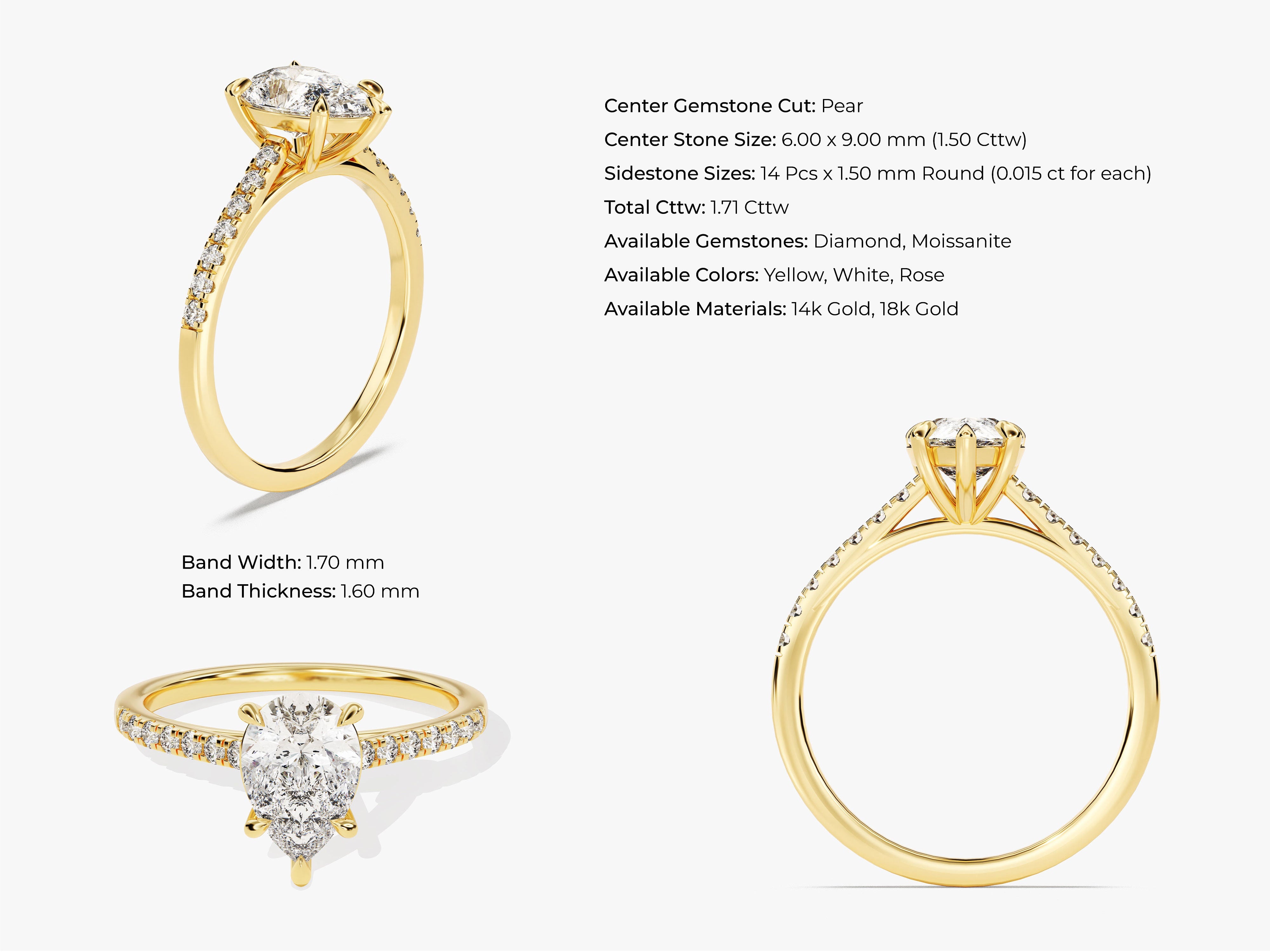 Pear Cut Moissanite Engagement Ring with Pave Set Side Stones (1.50 CT)