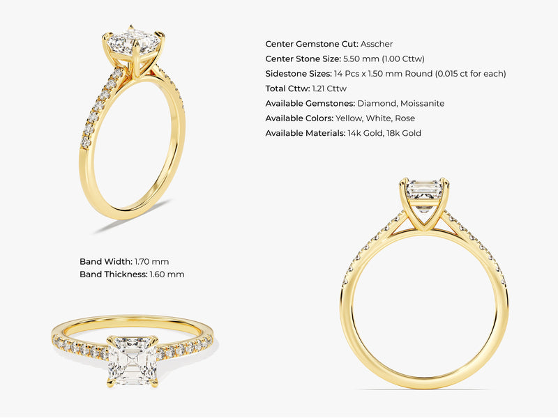 Asscher Cut Moissanite Engagement Ring with Pave Set Side Stones (1.00 CT)