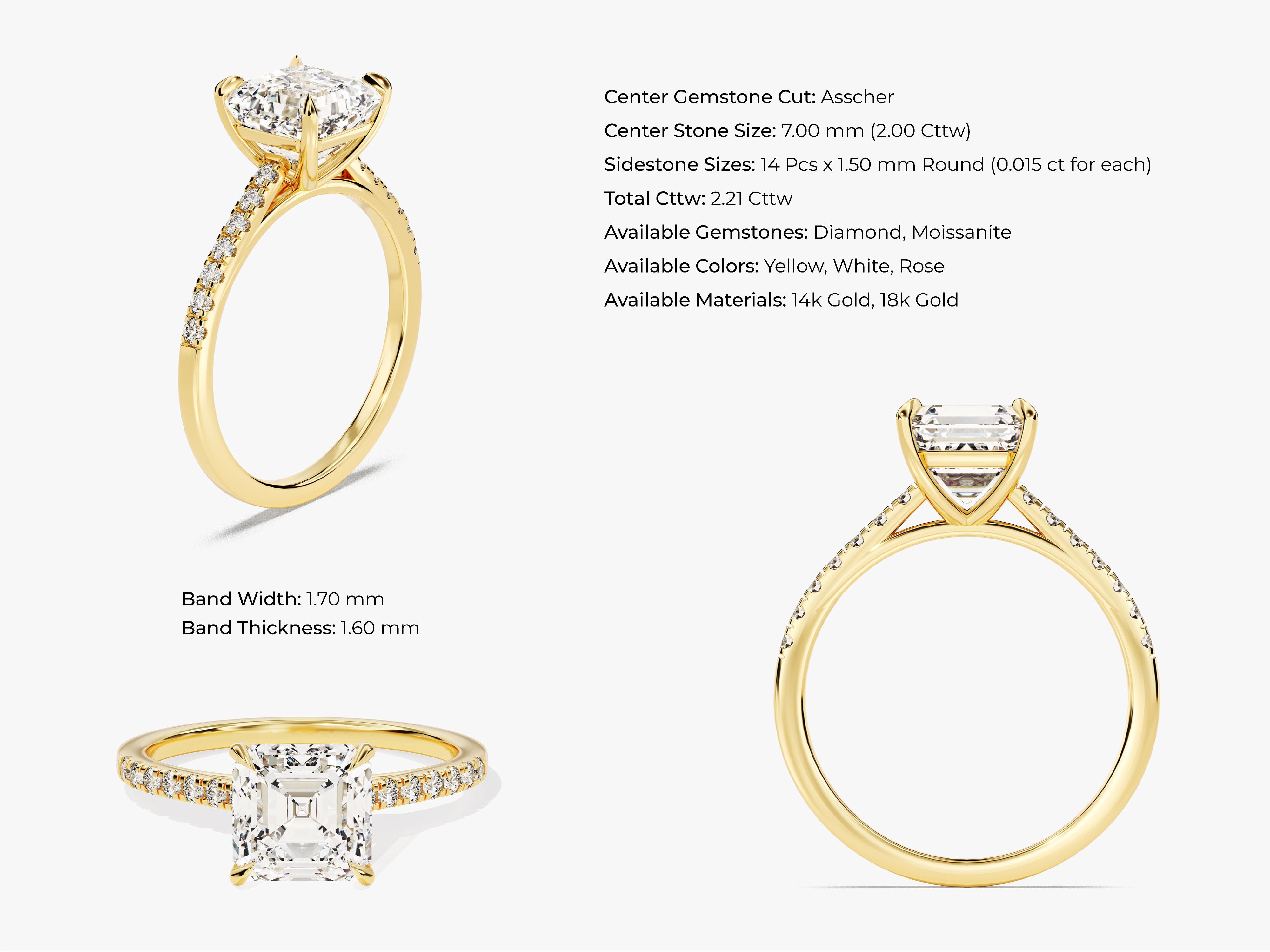 Asscher Cut Moissanite Engagement Ring with Pave Set Side Stones (2.00 CT)