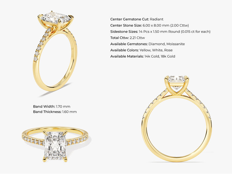 Radiant Cut Moissanite Engagement Ring with Pave Set Side Stones (2.00 CT)