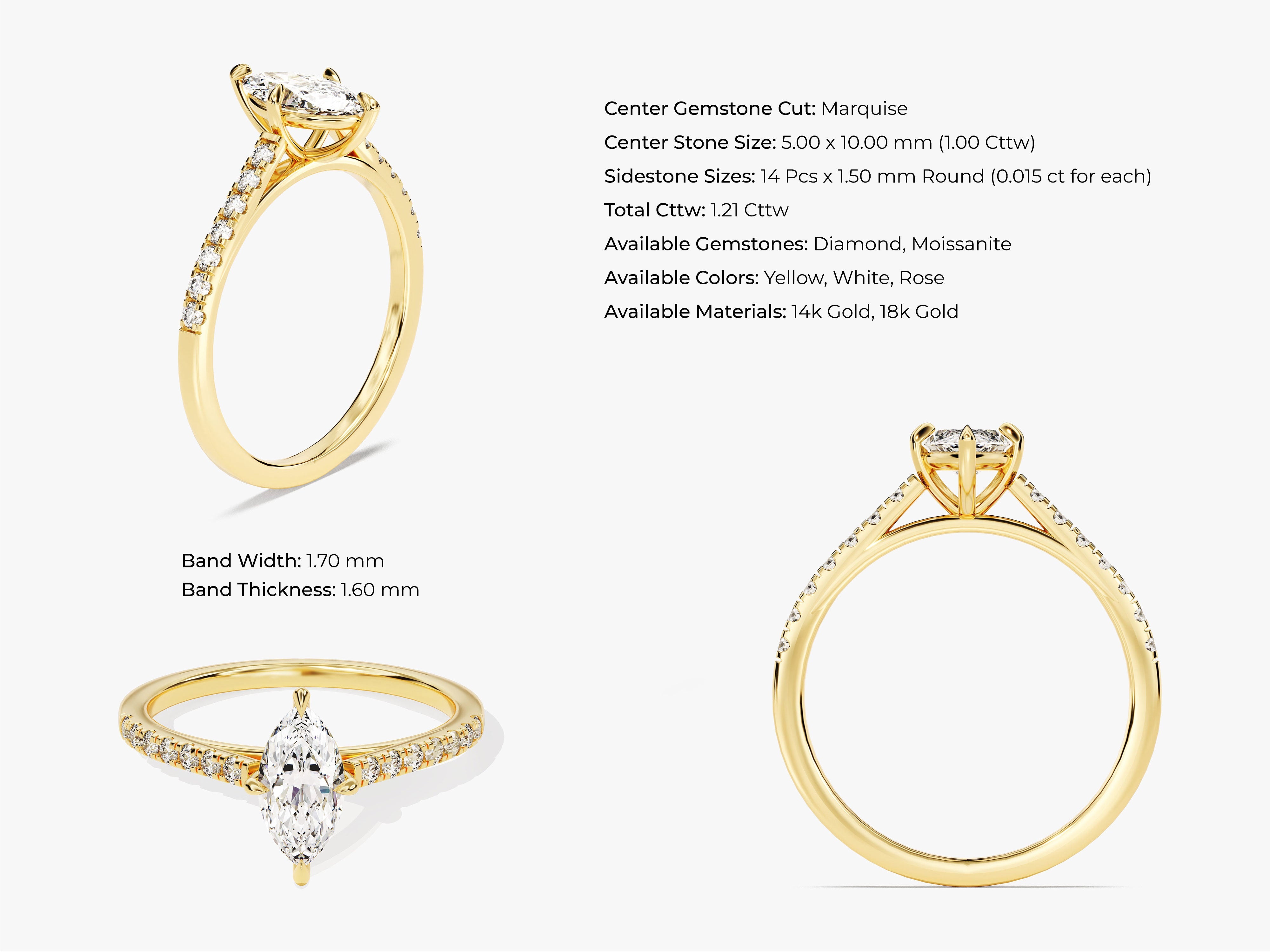 Marquise Cut Moissanite Engagement Ring with Pave Set Side Stones (1.00 CT)