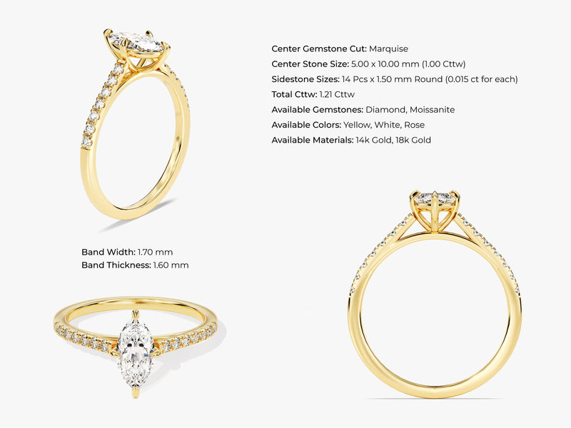 Marquise Cut Diamond Engagement Ring with Pave Set Side Stones (1.00 CT)