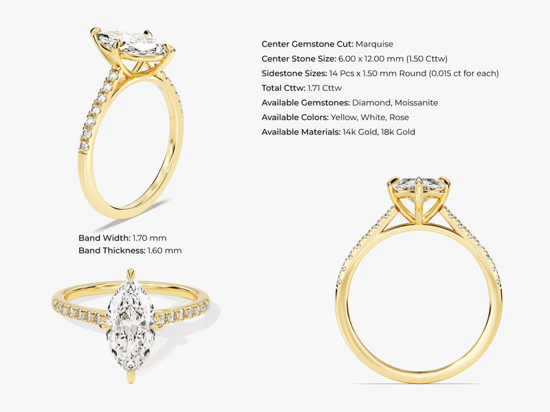 Marquise Cut Diamond Engagement Ring with Pave Set Side Stones (1.50 CT)