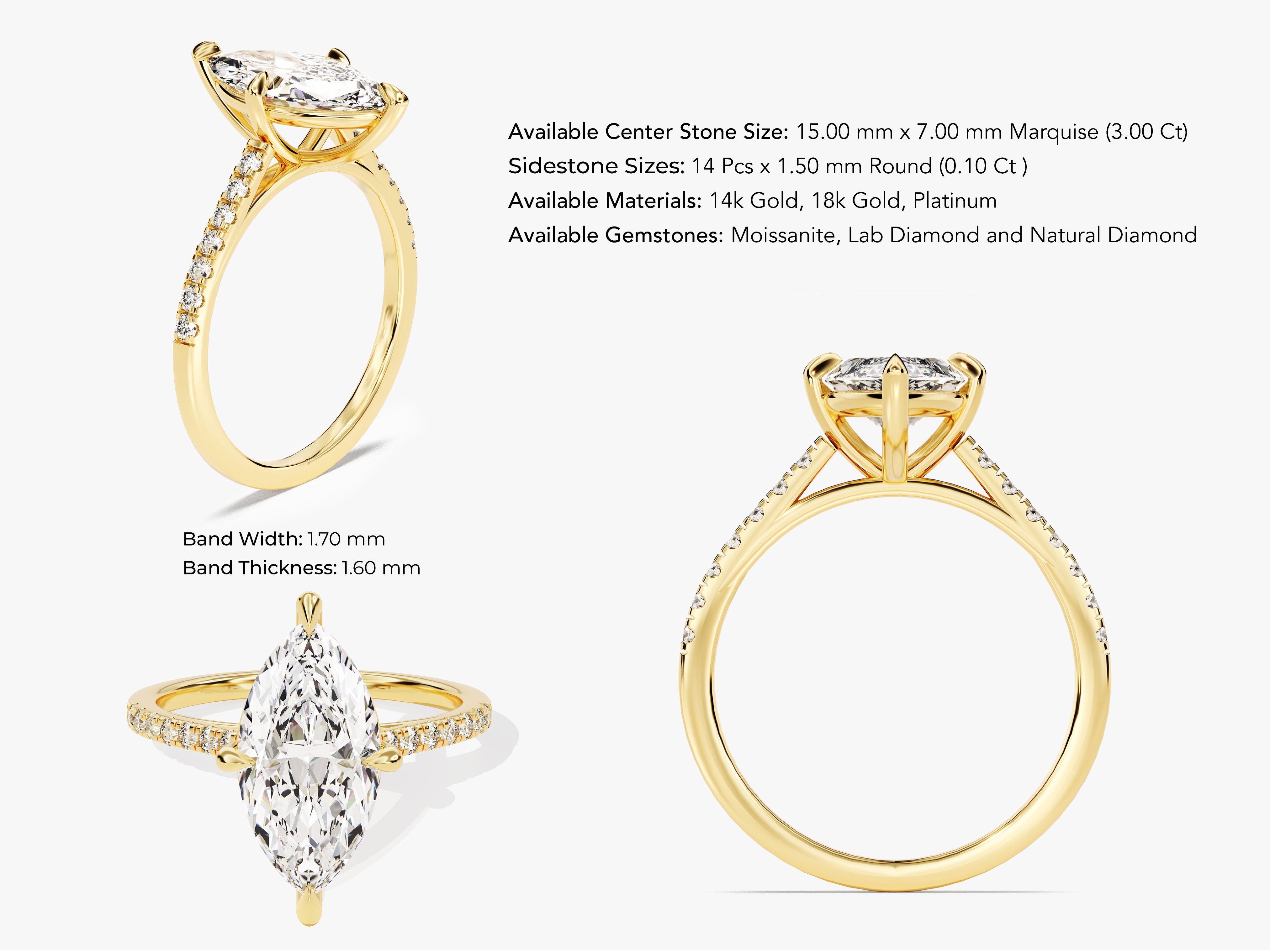 Marquise Cut Moissanite Engagement Ring with Pave Set Side Stones (3.00 CT)