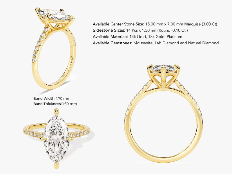 Marquise Cut Moissanite Engagement Ring with Pave Set Side Stones (3.00 CT)