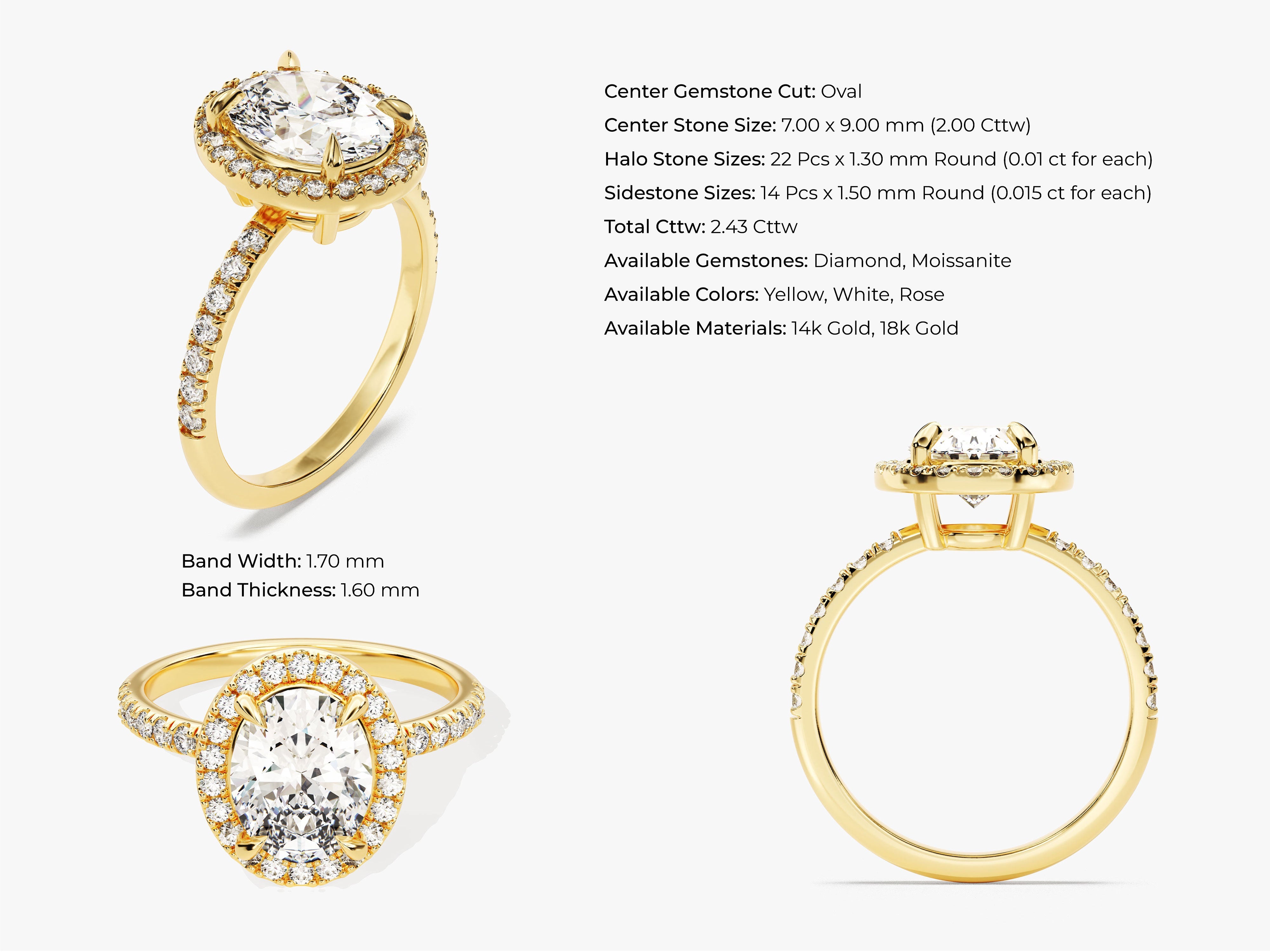 Oval Halo Moissanite Engagement Ring with Pave Set Side Stones (2.00 CT)