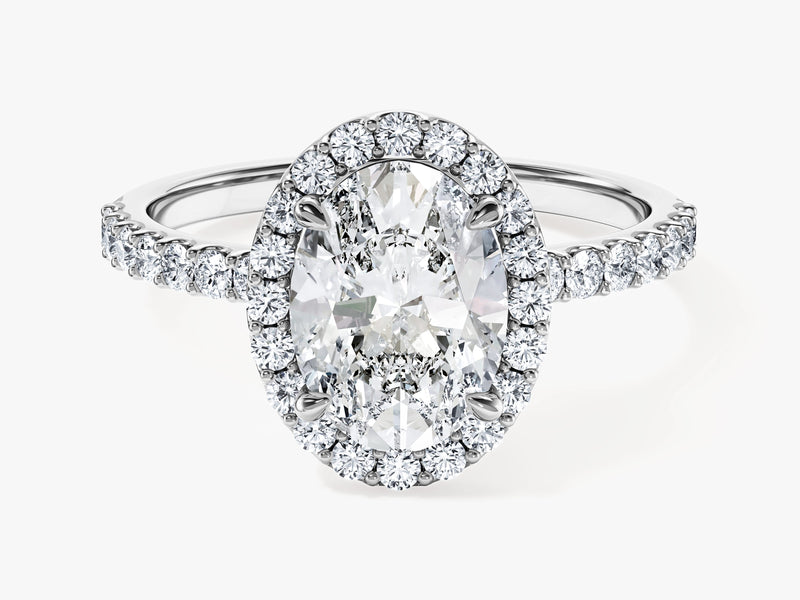 Oval Halo Moissanite Engagement Ring with Pave Set Side Stones (2.00 CT)