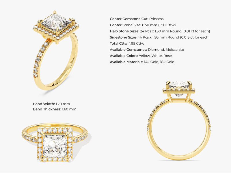 Princess Halo Diamond Engagement Ring with Pave Set Side Stones (1.50 CT)