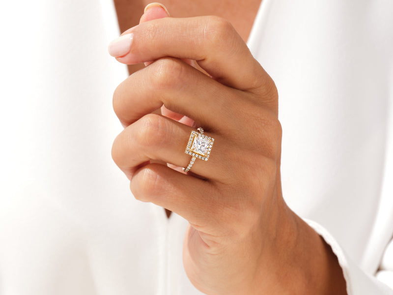 Princess Halo Moissanite Engagement Ring with Pave Set Side Stones (2.00 CT)