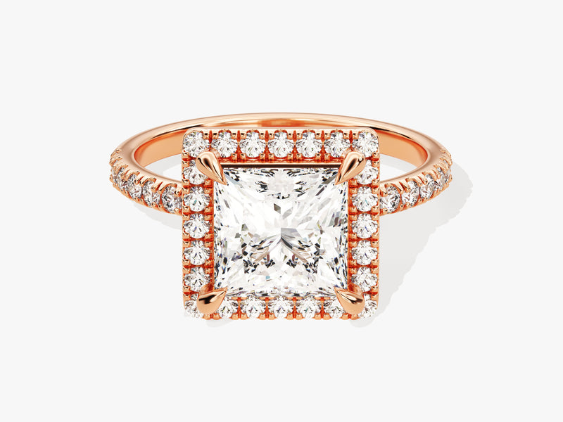 Princess Halo Moissanite Engagement Ring with Pave Set Side Stones (2.00 CT)